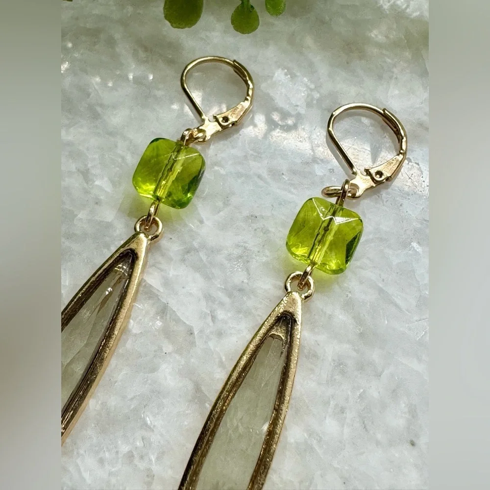 New Green Faceted Crystal Teardrop & Gold Tone Dangle Earrings - 2.50”